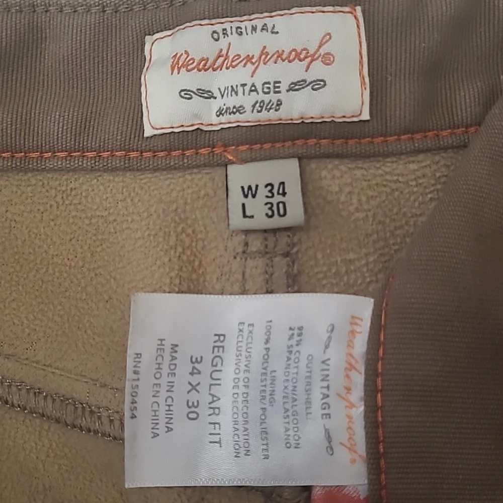 Original Weatherproof Vintage Jeans Regular Fit Warm Lined Winter Pants 34 x 30